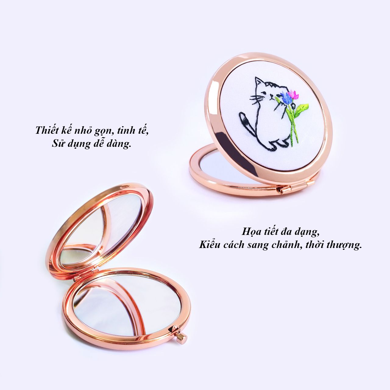 Gương Thêu Tay, Gương Trang Điểm Mini, Họa Tiết Thêu Mèo Con Dễ Thương - Món Quà Dễ Thương Tặng Em Gái