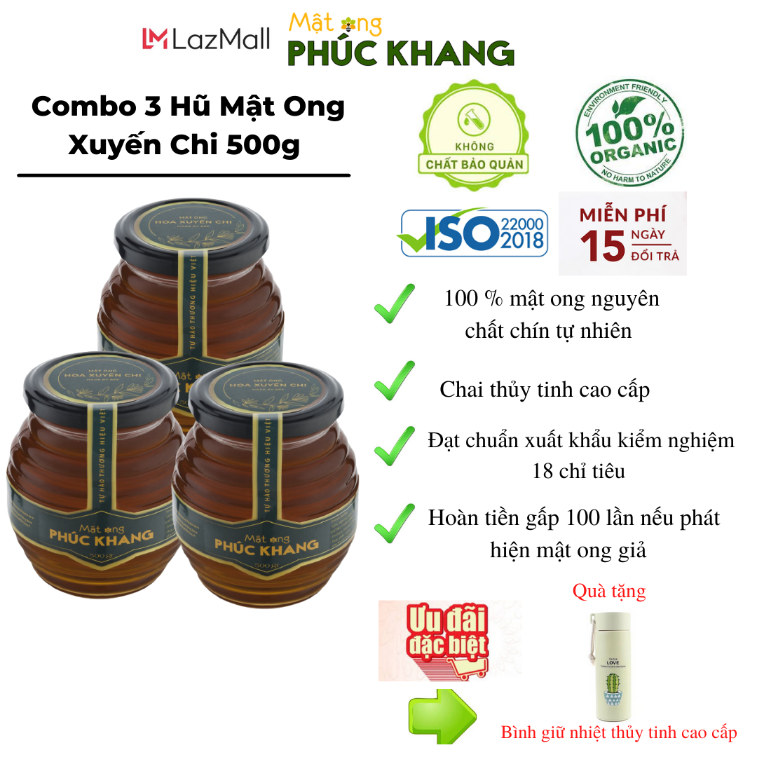 3 Hũ Mật ong nguyên chất  Hoa xuyến chi Phúc Khang  - Hàng Chính Hãng - Mật ong cao cấp , mật ong sạch đạt chuẩn xuất khẩu
