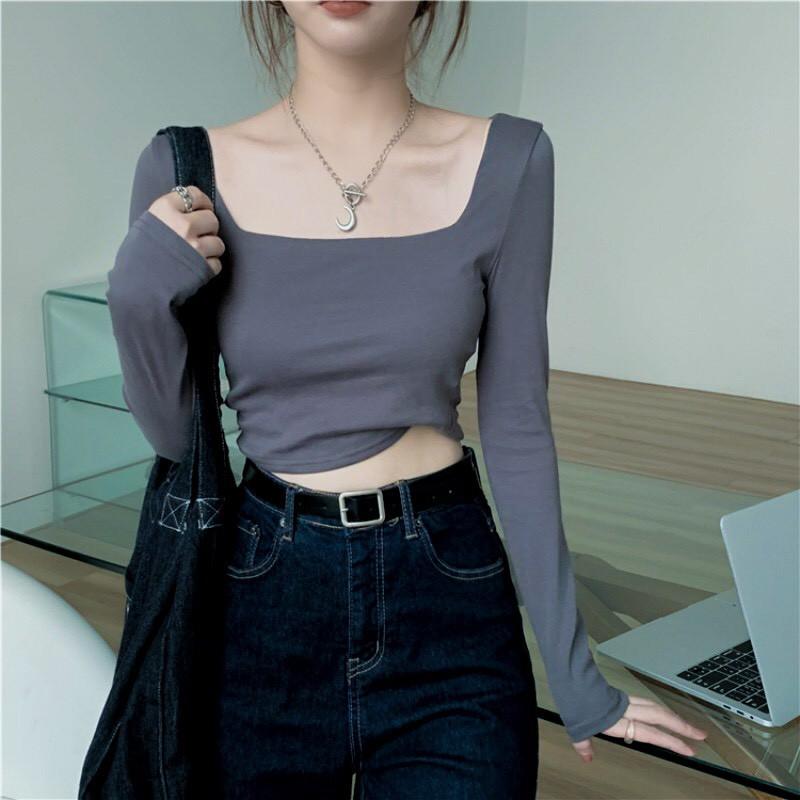 Áo croptop màu trơn cổ vuông dáng ôm trẻ trung