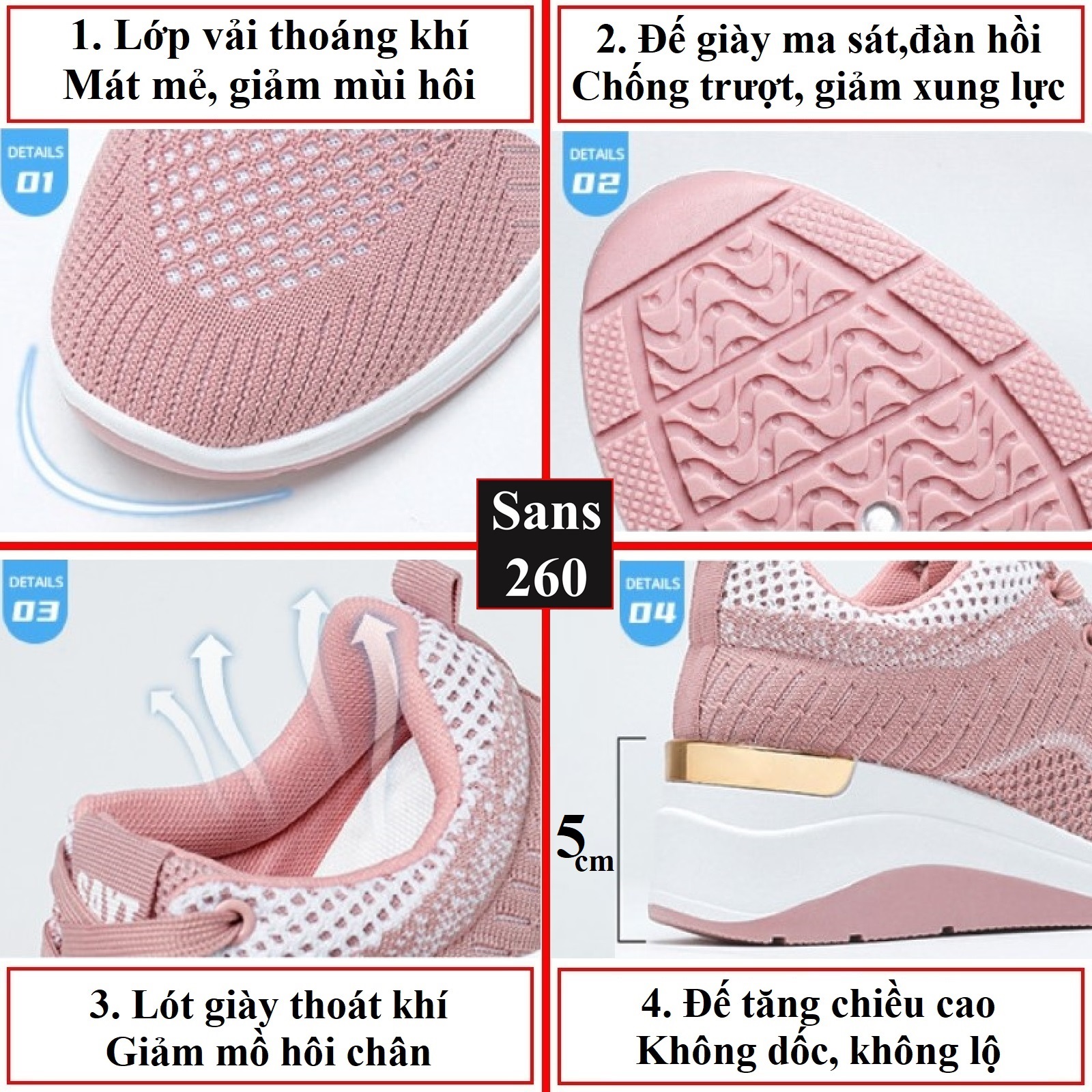 Giày thể thao nữ đế cao 5cm Sans260 màu hồng đen fullbox sneaker đẹp cá tính bigsize big size 40 41 êm chân thoáng khí