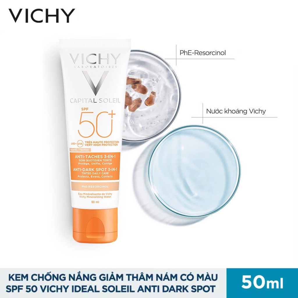 Kem Chống Nắng Có Màu Che Khuyết Điểm, Giảm Thâm Nám &amp; Dưỡng Da VICHY Ideal Soleil Anti-Dark Spots SPF 50 PA+++ (50ml) + Tặng Móc Khóa