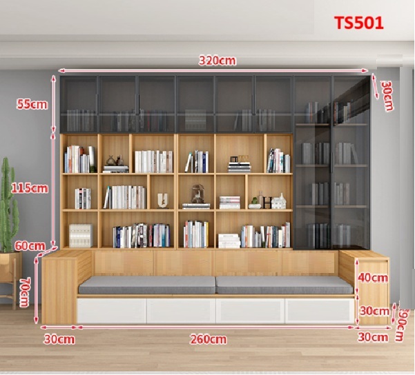 TỦ KỆ SÁCH CÁNH KÍNH KÈM GHẾ NGỒI TS501A - NỘI THẤT LẮP RÁP VIENDONGADV