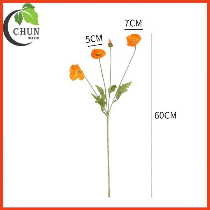 Hoa giả - Cành hoa anh túc 3 bông 1 nụ dài 60cm trang trí nhà cửa, văn phòng, làm đạo cụ chụp ảnh siêu xinh