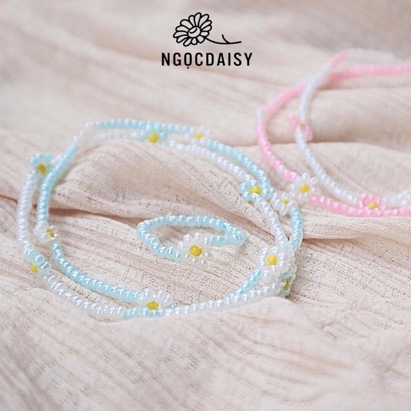 N19 Vòng tay handmade hoa Daisy kết hợp 3 màu xanh Hồng trắng xinh xắn