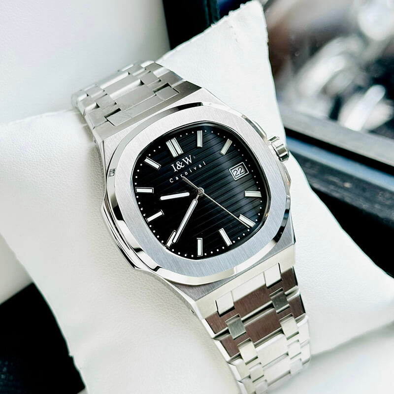 Đồng hồ nam chính hãng I&amp;W Carnival 721G1-T2 kính sapphire,chống xước,chống nước 50m,Bảo hành dài hạn,máy cơ (automatic),mặt đen viền trơn dây thép không gỉ