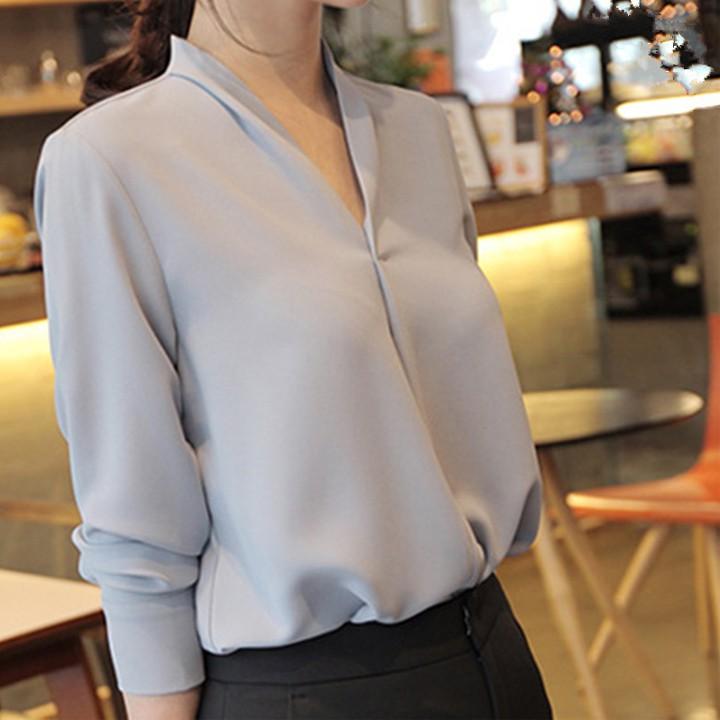Áo Sơ Mi Nữ Công Sở Màu Xám Xanh Cổ Chữ V Phong Cách Hàn Quốc