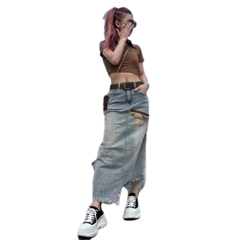Chân Váy Denim Dài Lưng Cao Xẻ Tà Thời Trang Dành Cho Nữ