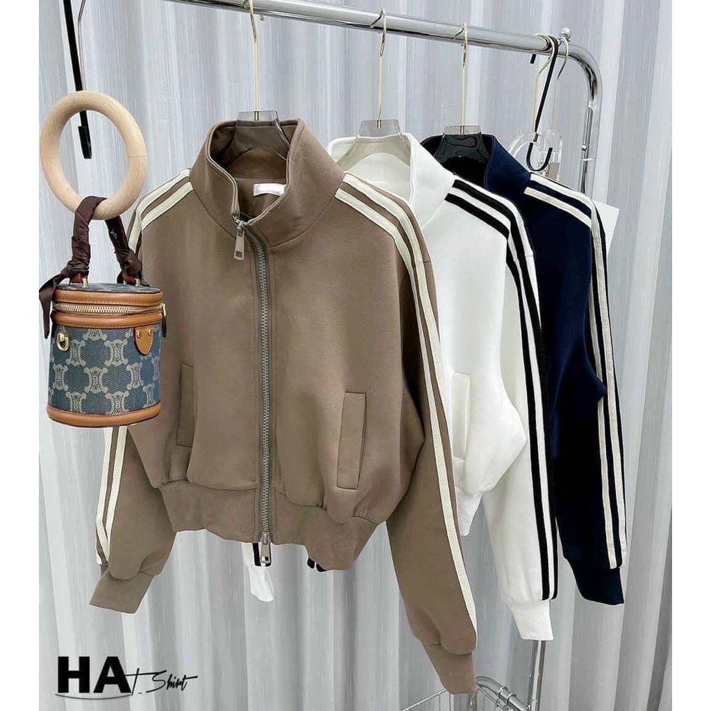 Áo khoác Bomber nỉ sọc viền tay dáng ngắn