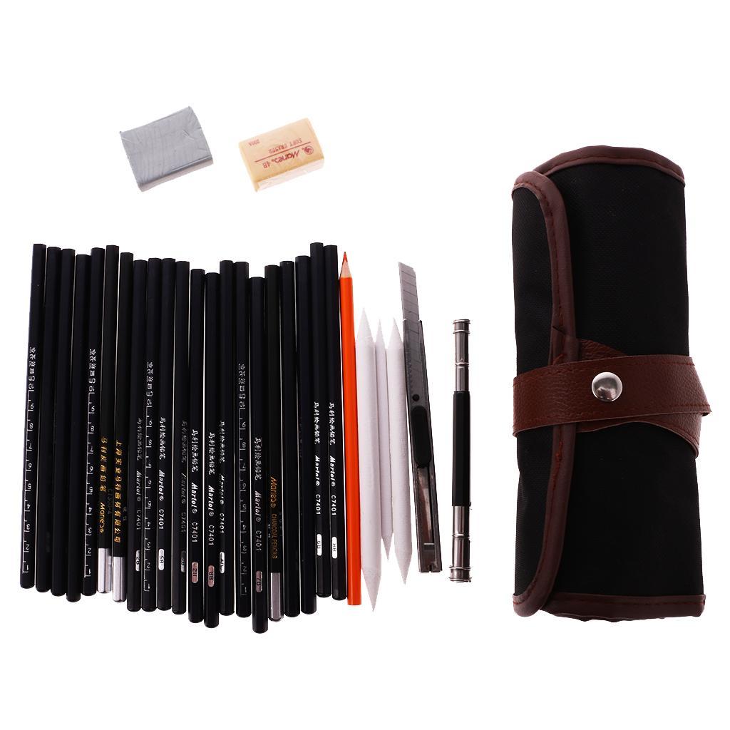 Set of 30 Sketch Pencil Charcoal Pencil Eraser Paper Pen Artists Drawing Art Kit with Bag