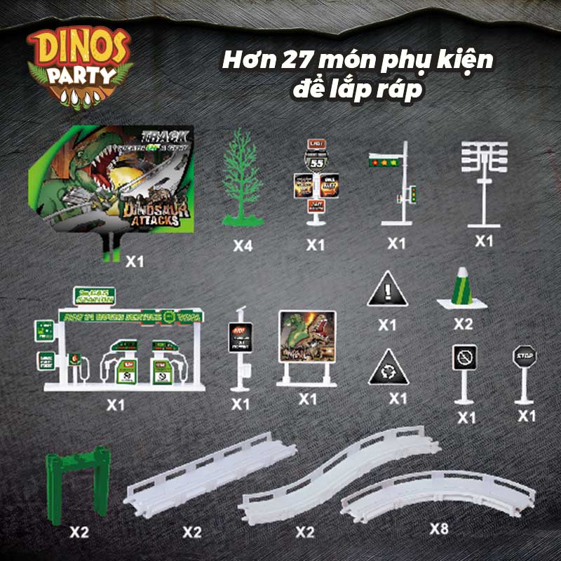 Đồ Chơi DINOS PARTY Bộ Lắp Ráp Đường Đua Thành Phố Khủng Long (Xe Chạy Pin)_Xanh CM558-12