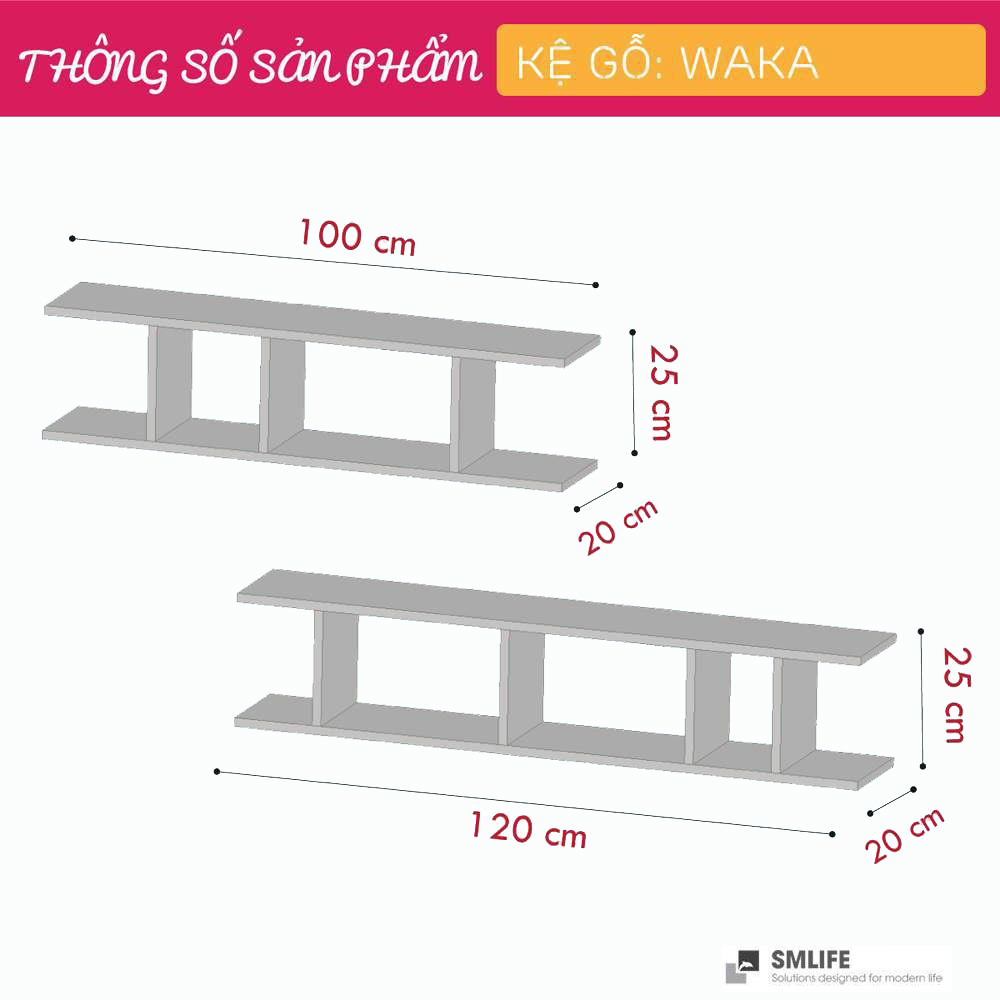 Kệ gỗ treo tường trang trí hiện đại SMLIFE Waka  | Gỗ MDF dày 17mm chống ẩm | D100xR20xC25cm -  Màu