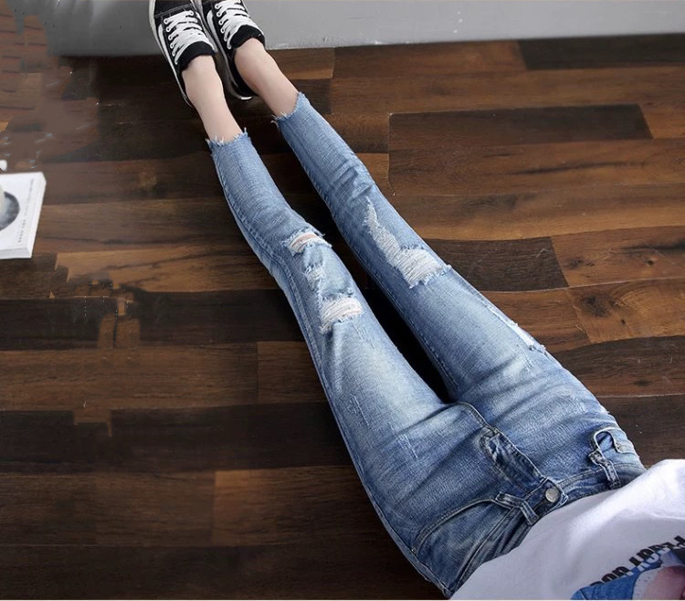 [SIZE ĐẠI 60kg~90kg] Quần jean dài 9 tấc BIG SIZE lưng cao, màu xanh nhạt, rách kiểu, co dãn mạnh 32566
