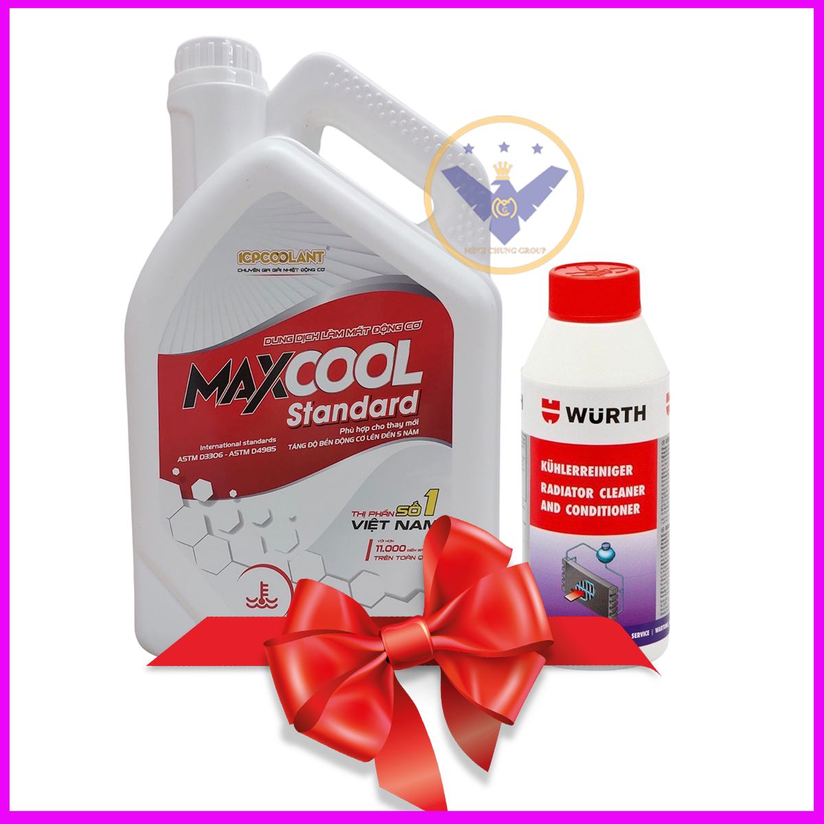 COMBO Nước làm mát xe ô tô màu đỏ Maxcool Standard 4L + Súc két nước Wurth 250ml