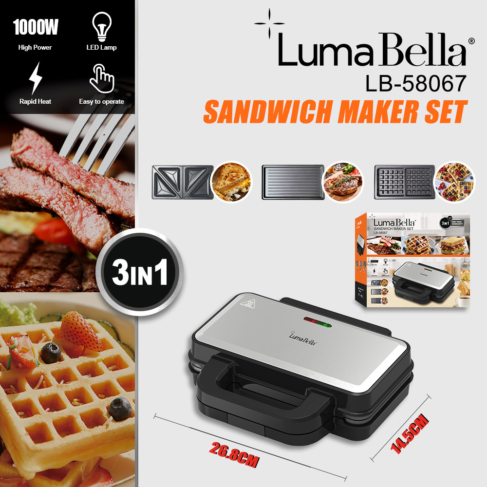 Máy kẹp nướng bánh mì Lumabella LB-58067 đa năng 3IN1, công suất cao 1000W, khay chống dính dễ dàng tháo lắp, vô cùng tiện lợi, dễ vệ sinh - DELIYA - HÀNG CHÍNH HÃNG