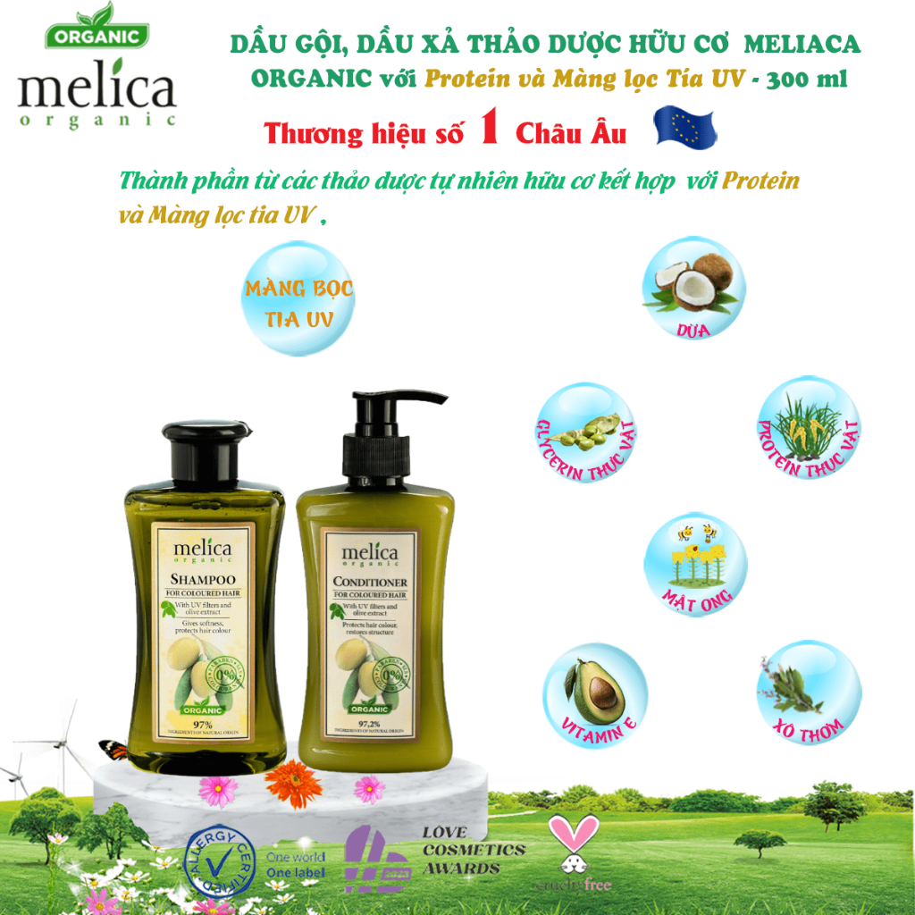 Dầu xả thảo dược hữu cơ dùng cho tóc nhuộm, xơ rối, chẻ ngọn, nhiều gàu Melica Organic 300ml Olive &amp; màng lọc UV