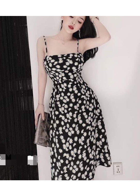 Đầm lụa 2 dây in hình hoa cúc nhỏ ( có mút ngực )
