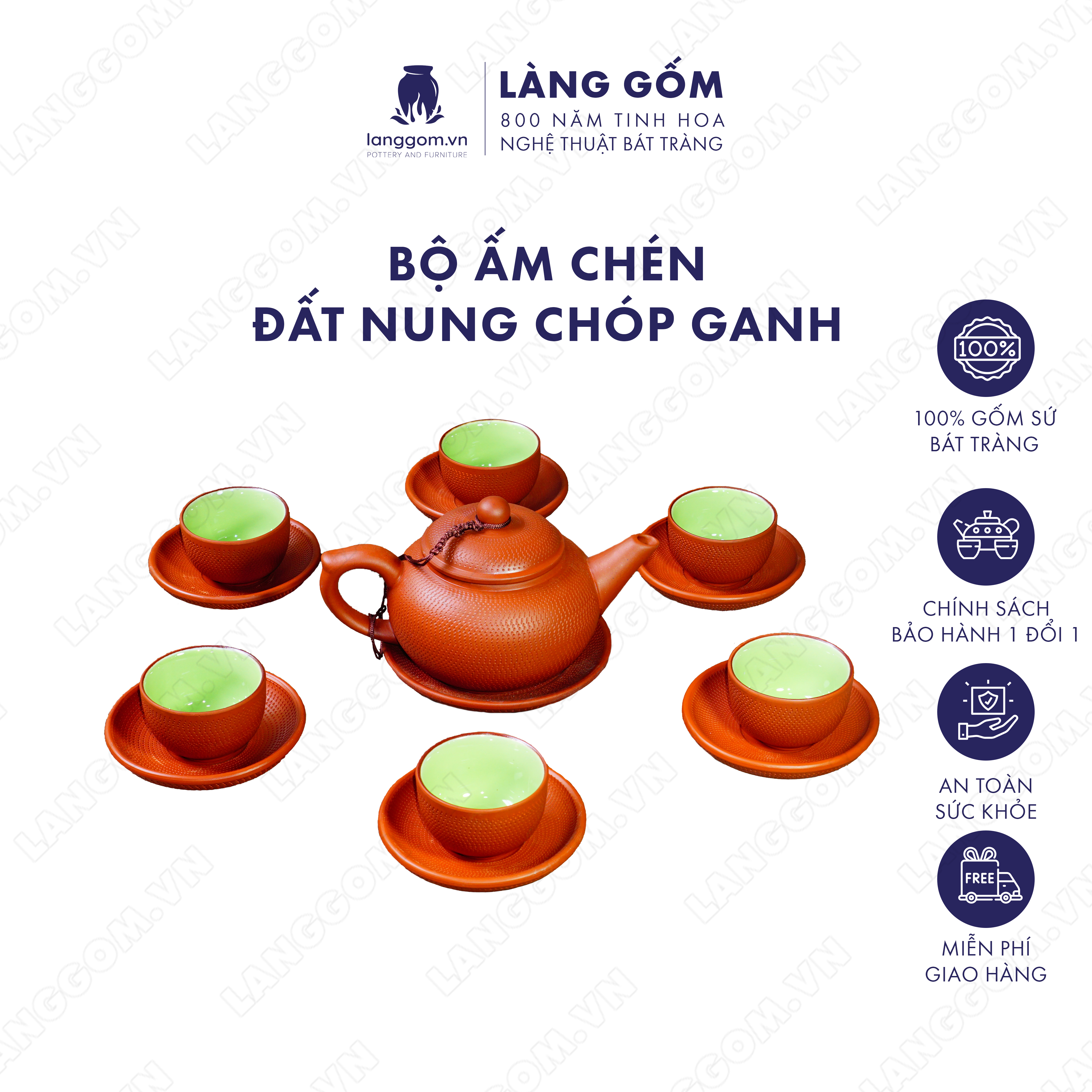 Bộ ấm chén đất nung chóp ganh - Men mộc - Gốm sứ Bát Tràng - langgom.vn