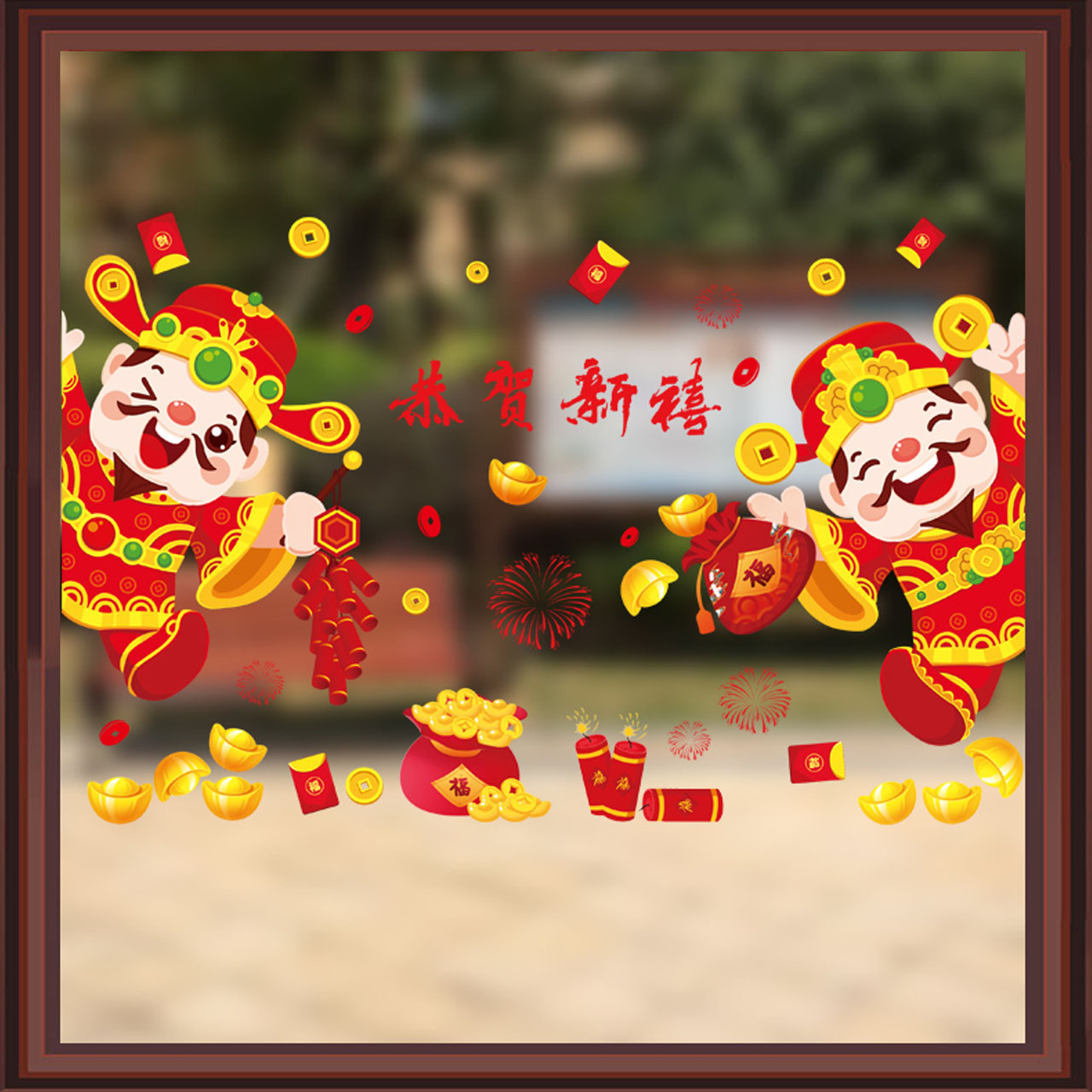 Decal dán kính trang trí Tết- Thần tài gõ cửa-