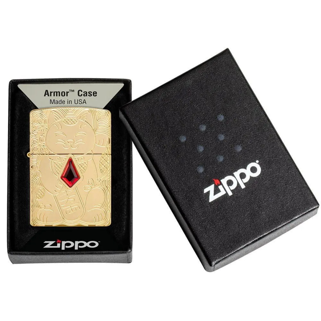 Zippo Armor Lucky Cat Chính Hãng – Bật Lửa Mèo May Mắn Mạ Vàng Đính Đá Đỏ