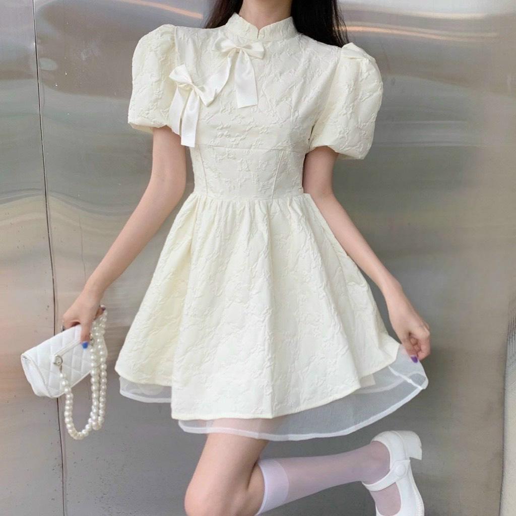 ĐẦM XOÈ GẤM CỔ TÀU PHỐI LƯỚI ĐÍNH NƠ 14029