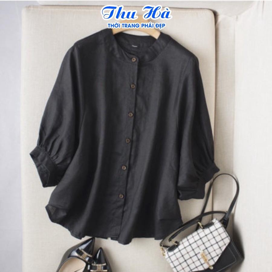 Áo sơ mi đũi nữ tay lỡ cổ tròn Thu Hà form rộng bigsize che khuyết điểm mặc đi làm đi chơi đều phù hợp SMH.34