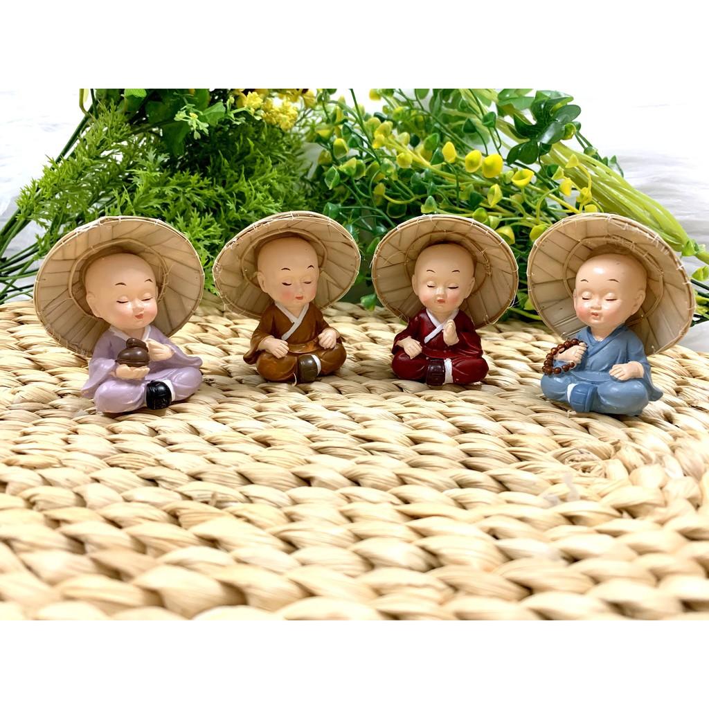 Bộ 4 tượng chú tiểu tịnh tâm thiền định đội nón lá
