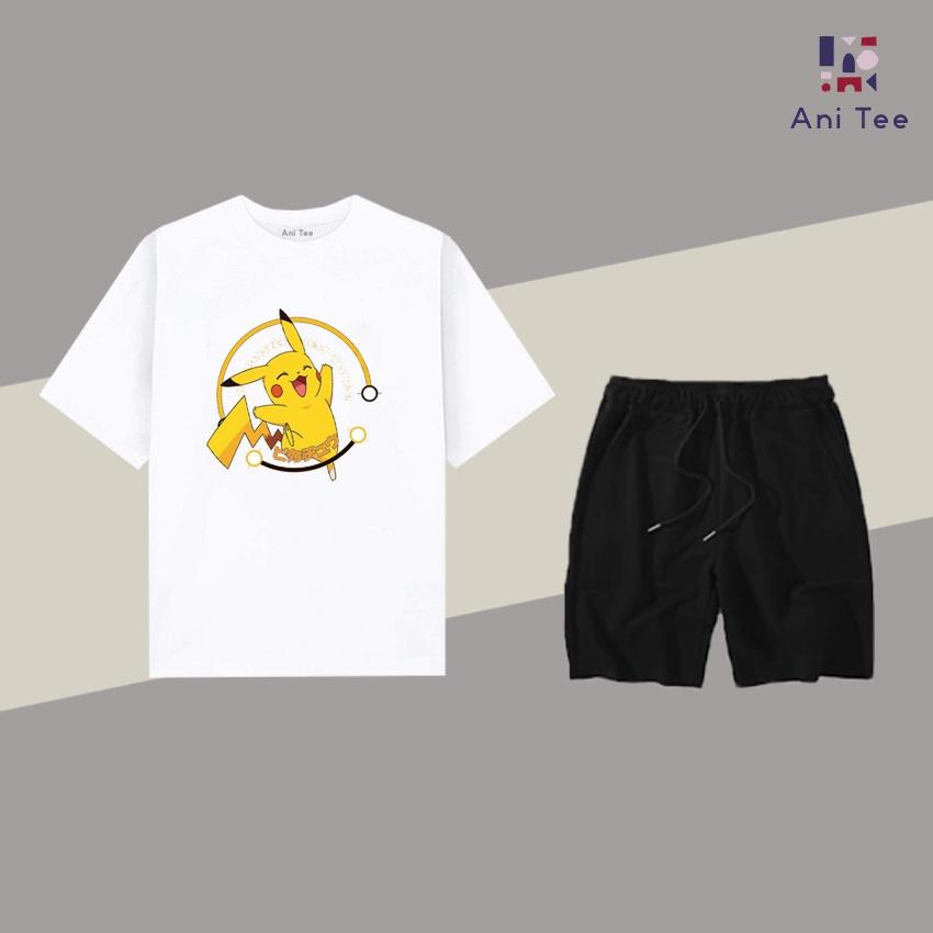 COMBO ÁO THUN COTTON + SHORT KAKI PIKACHU HOẠT HỌA