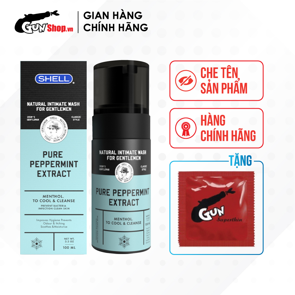 Dung dịch vệ sinh nam dạng bọt, tinh chất bạc hà tươi mát - Shell Pure Peppermint Extract kèm 1 chiếc BCS Gun Super Thin