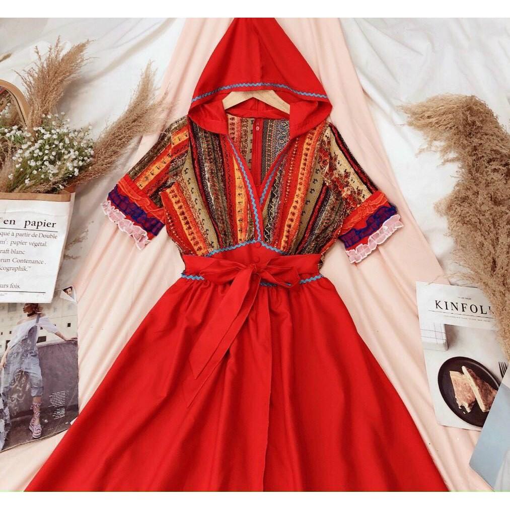 Đầm Maxi Thổ Cẩm Style Boho Tay Dài Bồng Cổ V Tiểu Thư Quảng Châu