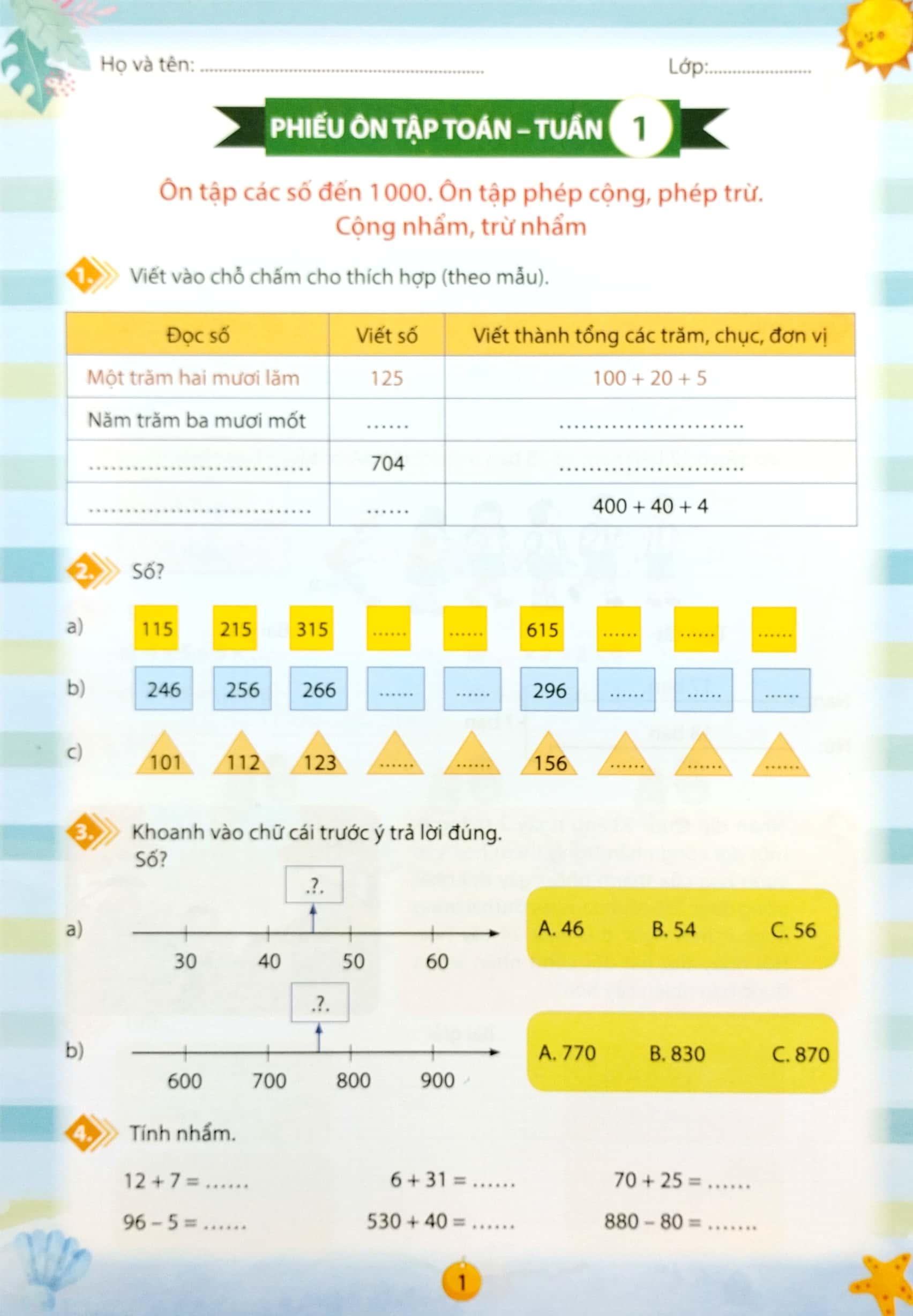 Phiếu Ôn Tập Cuối Tuần - Môn Toán - Lớp 3 - Chân Trời Sáng Tạo (2023)