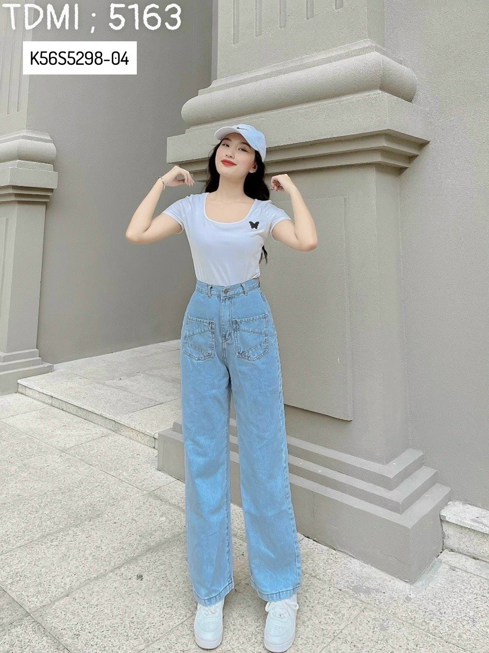 Quần Jean Nữ Suông Túi Kiểu Thêu Chỉ Nổi