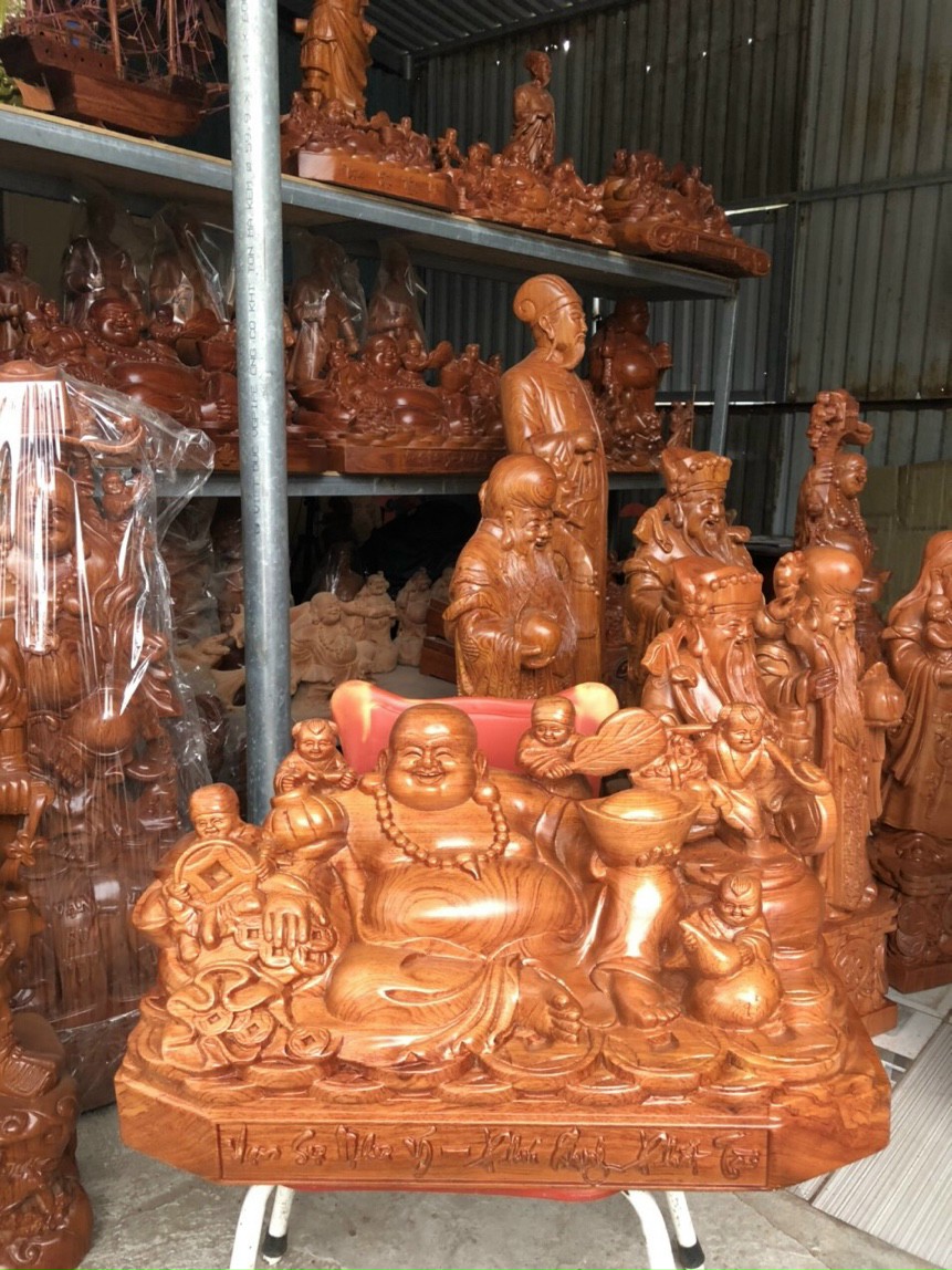 Tượng phật di lặc ngũ phúc bằng gỗ hương liền khối kt 50×28×26cm