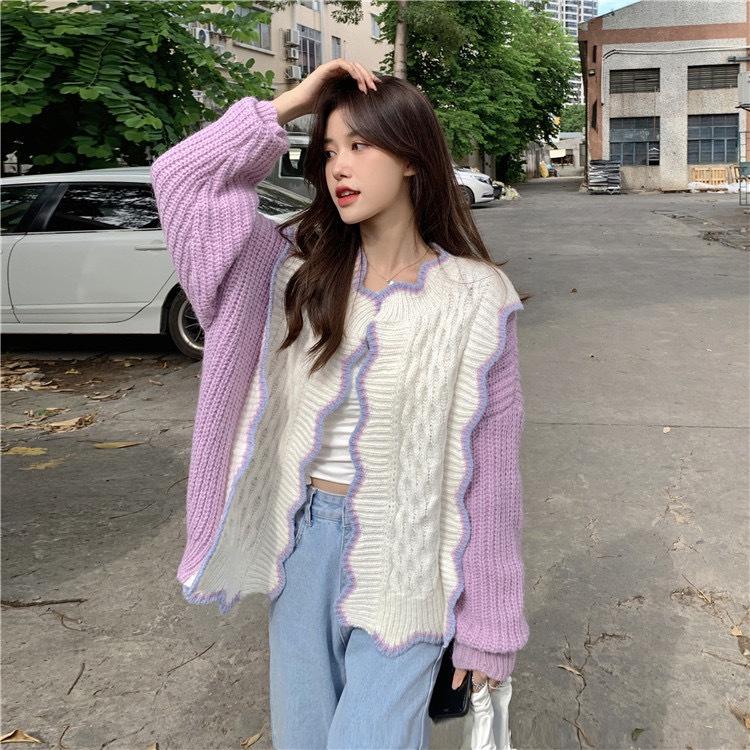 Cardigan Len | Áo Khoác Cardigan Len Nữ Dệt Kim Dày Dặn Phối Trắng Tím Viền Lượn Sóng Ulzzang Hàn Quốc