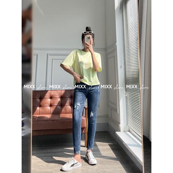 Quần jean nữ skinny rách xước lưng cao ngang rốn chất dày dặn co giãn thoải mái phom 9 tấc