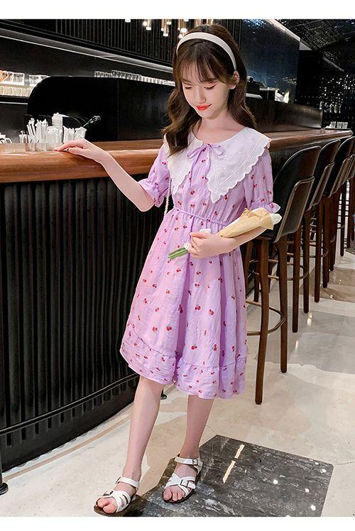 DONGSHOP HOT Cô gái ăn mặc 2023 mùa hè ăn mặc cô gái váy công chúa Mid-Boy Cherry hoa đầm đầm đầm đầm mùa hè cho trẻ em