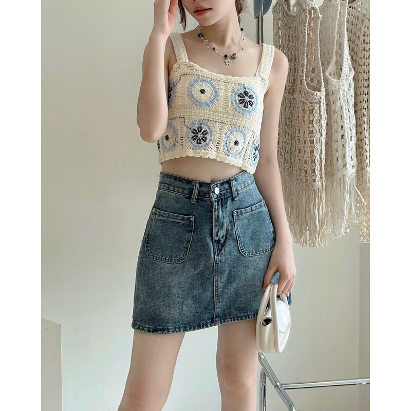 Áo len nữ a5238901 croptop hai dây thêu hoa germe