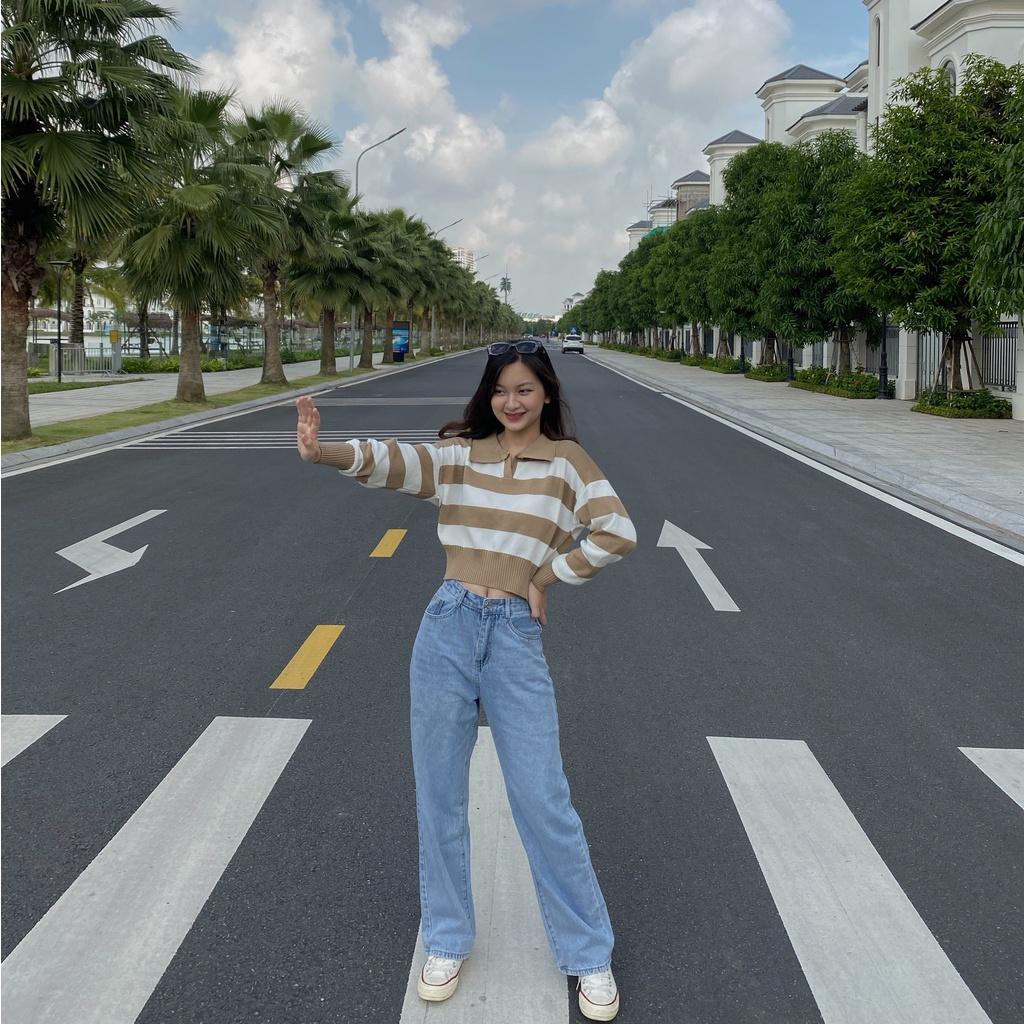 Áo len dài tay cổ polo kẻ ngang, dáng ngắn ulzzang - Made by Fiin (có video cận chất)