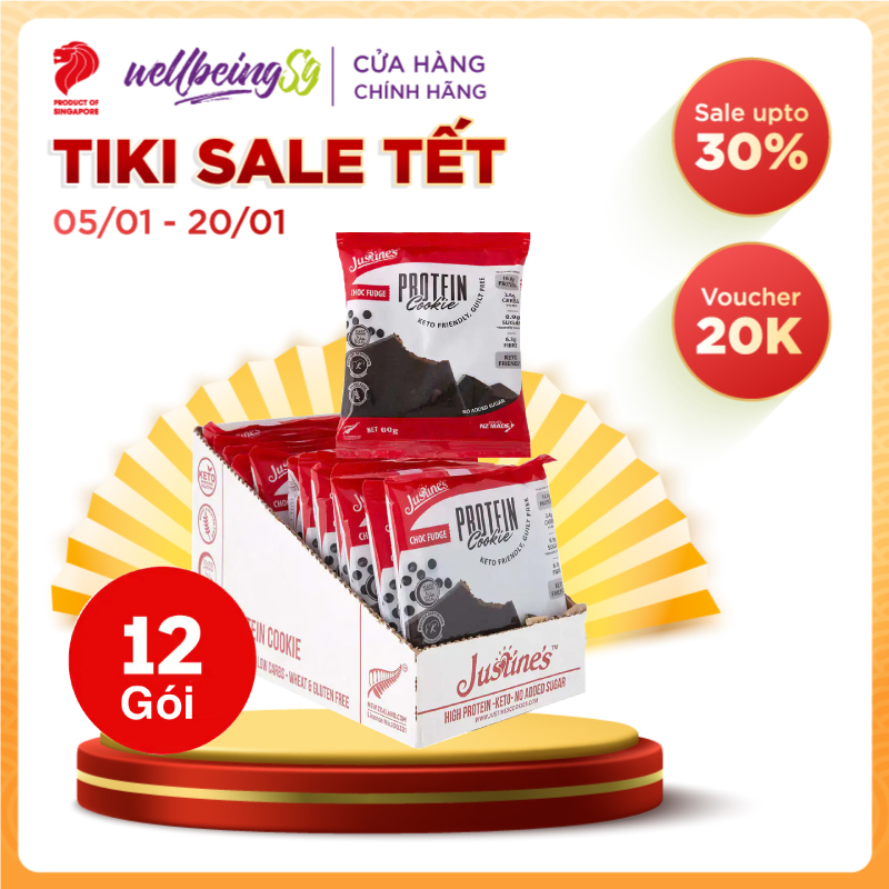 Bánh Quy Sô Cô La Mềm Justines Protein Cookie, Phù Hợp Chế Độ Ăn Kiêng Keto, Không Đường, Không Chứa Gluten Và Lúa Mì, Bổ Sung Đạm, Xơ Và Canxi, Hộp 12 Cái