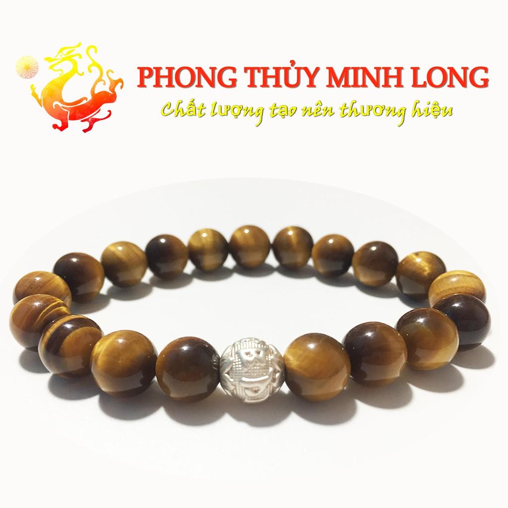 Vòng tay đá mắt hổ Vàng Nâu 5A mix 1 hạt kim tiền Bạc hợp mệnh Kim và Thổ