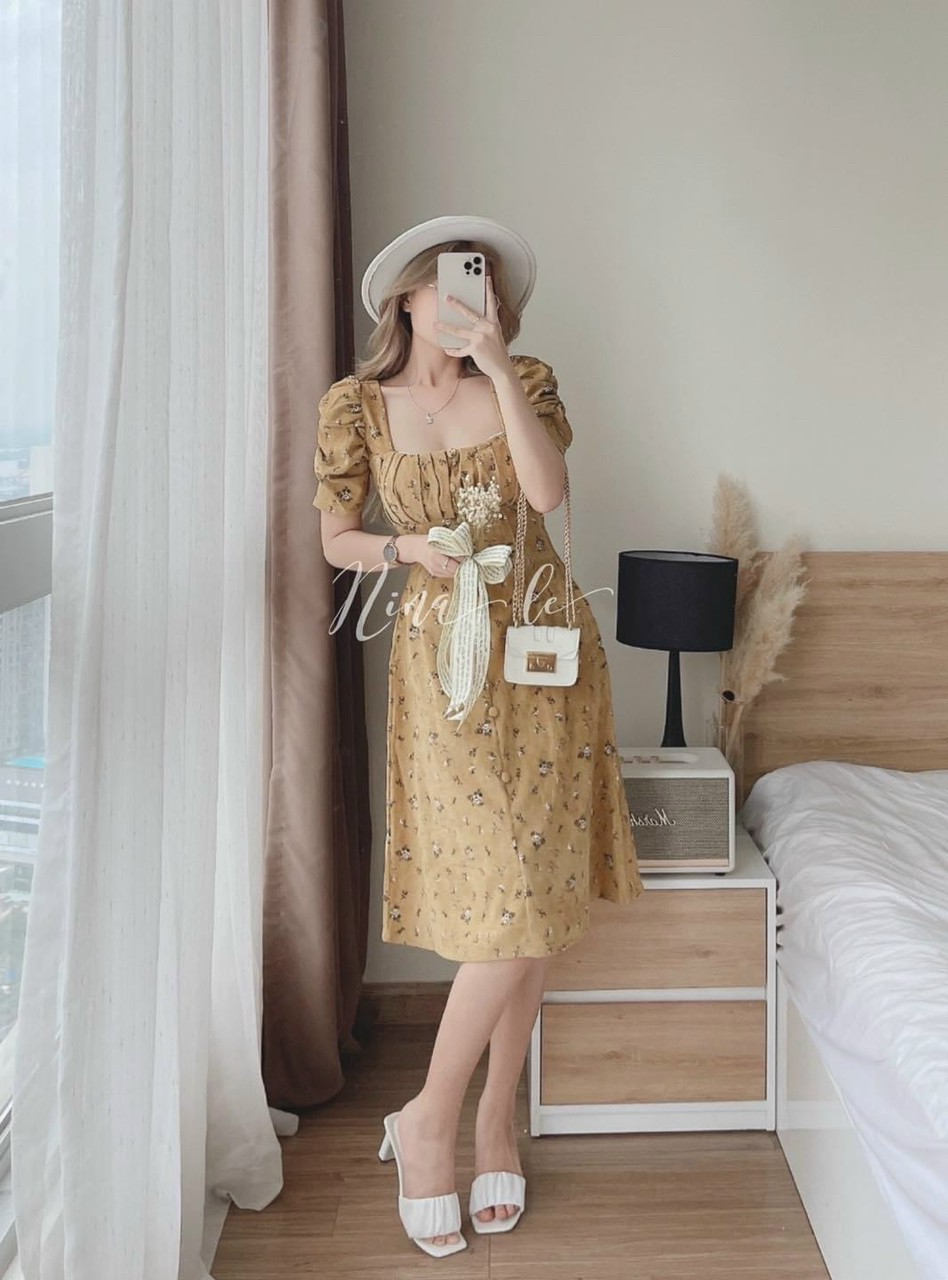 ĐẦM LỤA HOA XẾP LY NGỰC CÓ MÚT