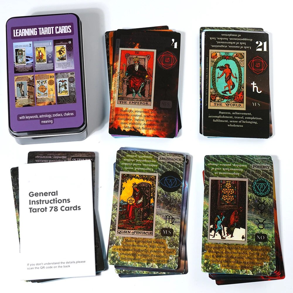 Bộ Bài Learning Tarot Cards, Hộp Sắt, Thẻ Mạ Xanh