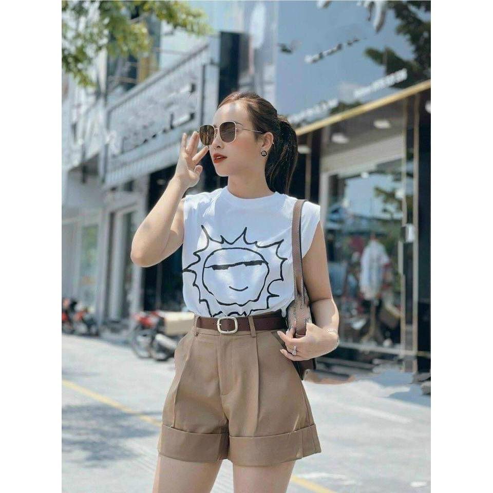 Sét đùi gấp lai có con đỉa và áo in hình mặt trời siêu cute kèm hình thật