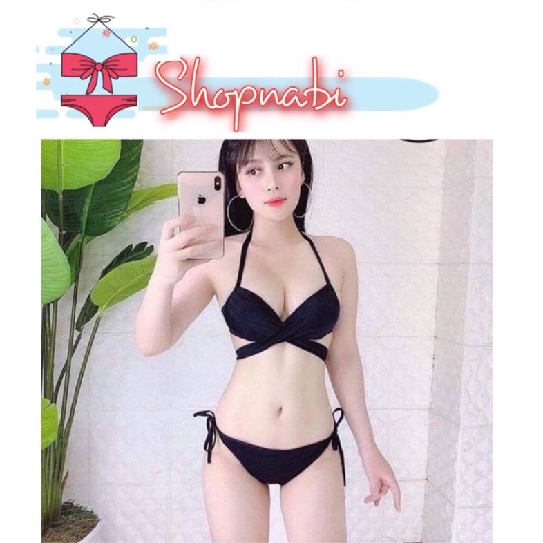 Đồ bơi bikini mút dày nâng ngực áo cột chéo quần cạp thấp