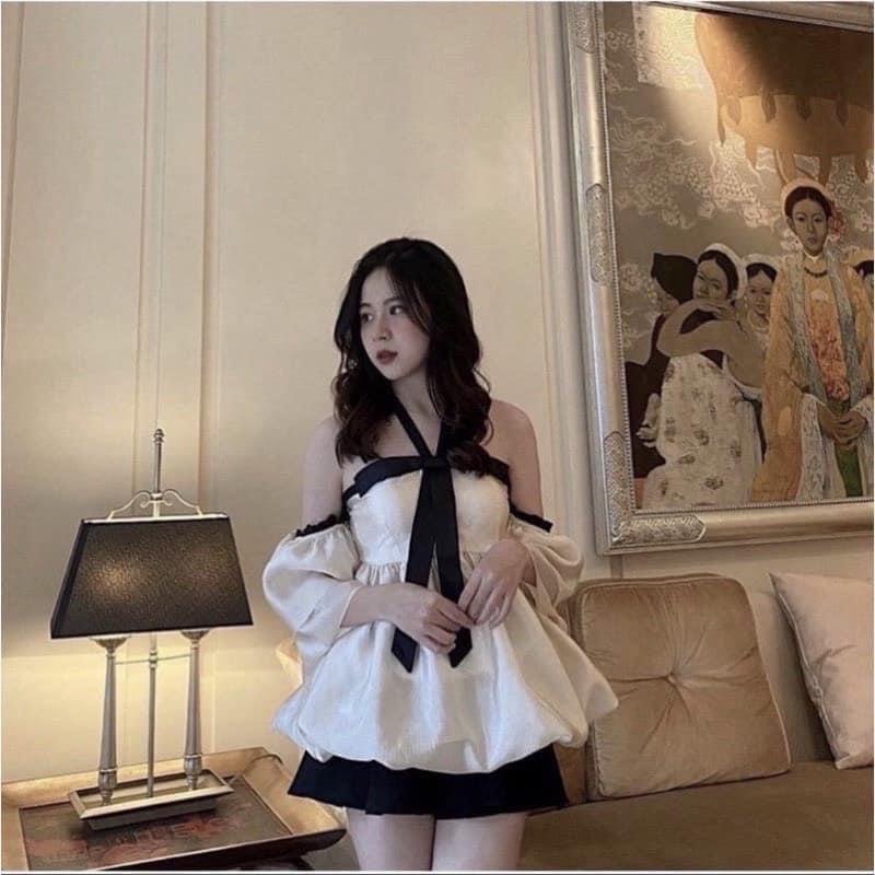 Set váy nữ sang chảnh phối áo trễ vai babydoll thắt nơ cực điệu + chân váy xòe xếp ly dáng ngắn lưng cao A01 - Be