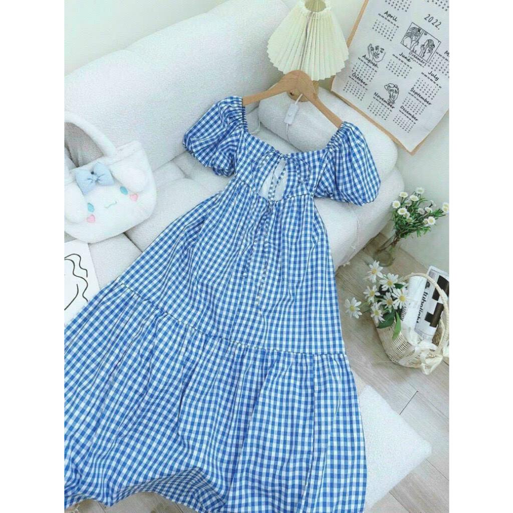 Đầm Maxi Cổ Vuông Tay Phồng / Váy Suông Dài Kẻ Caro Tiểu Thư MX020 Màu HotTrend Cun Fashion