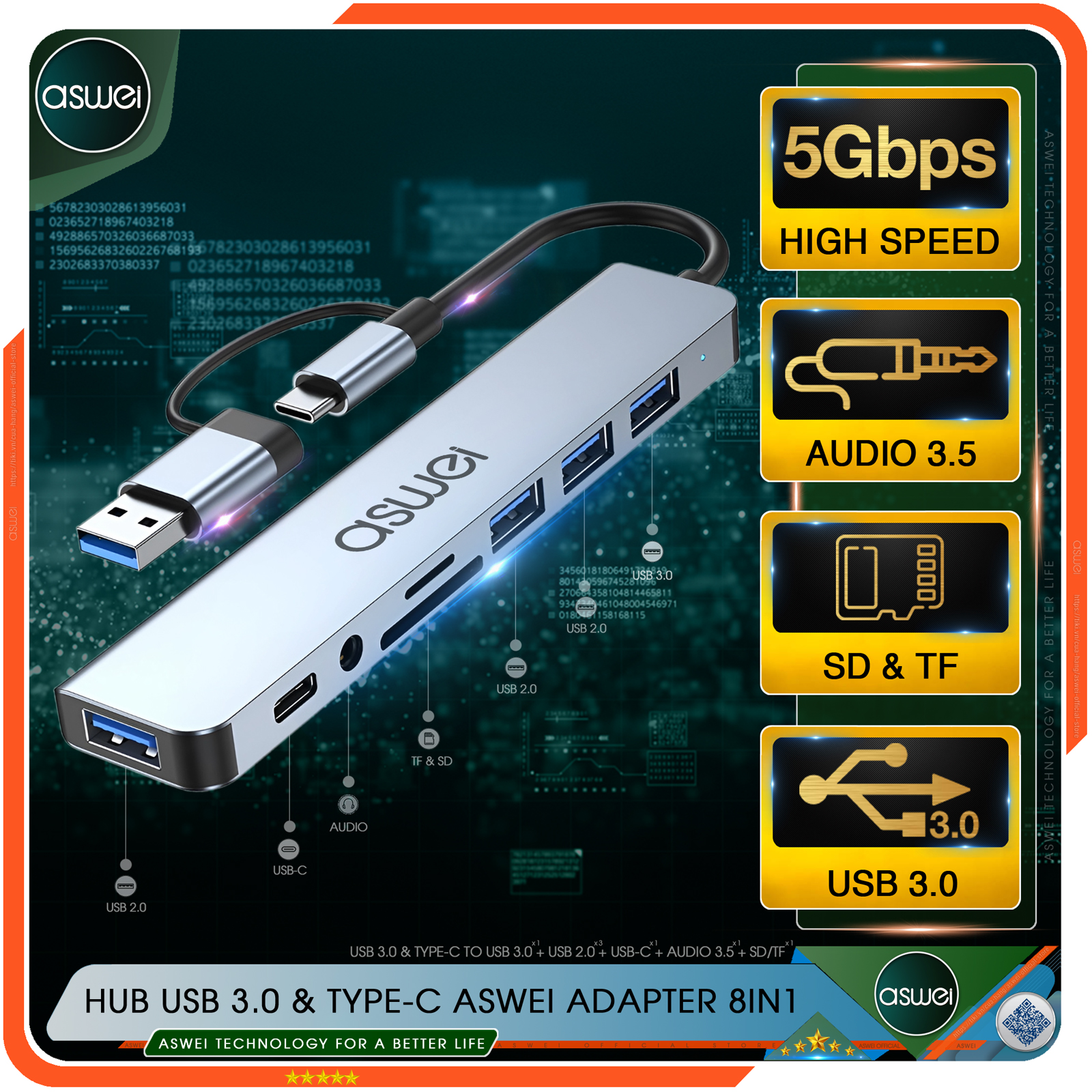 Hub Type C Và Hub USB ASWEI 8 in 1 To USB 3.0, SD, TF, USB C, Audio 3.5 - Hàng Chính Hãng