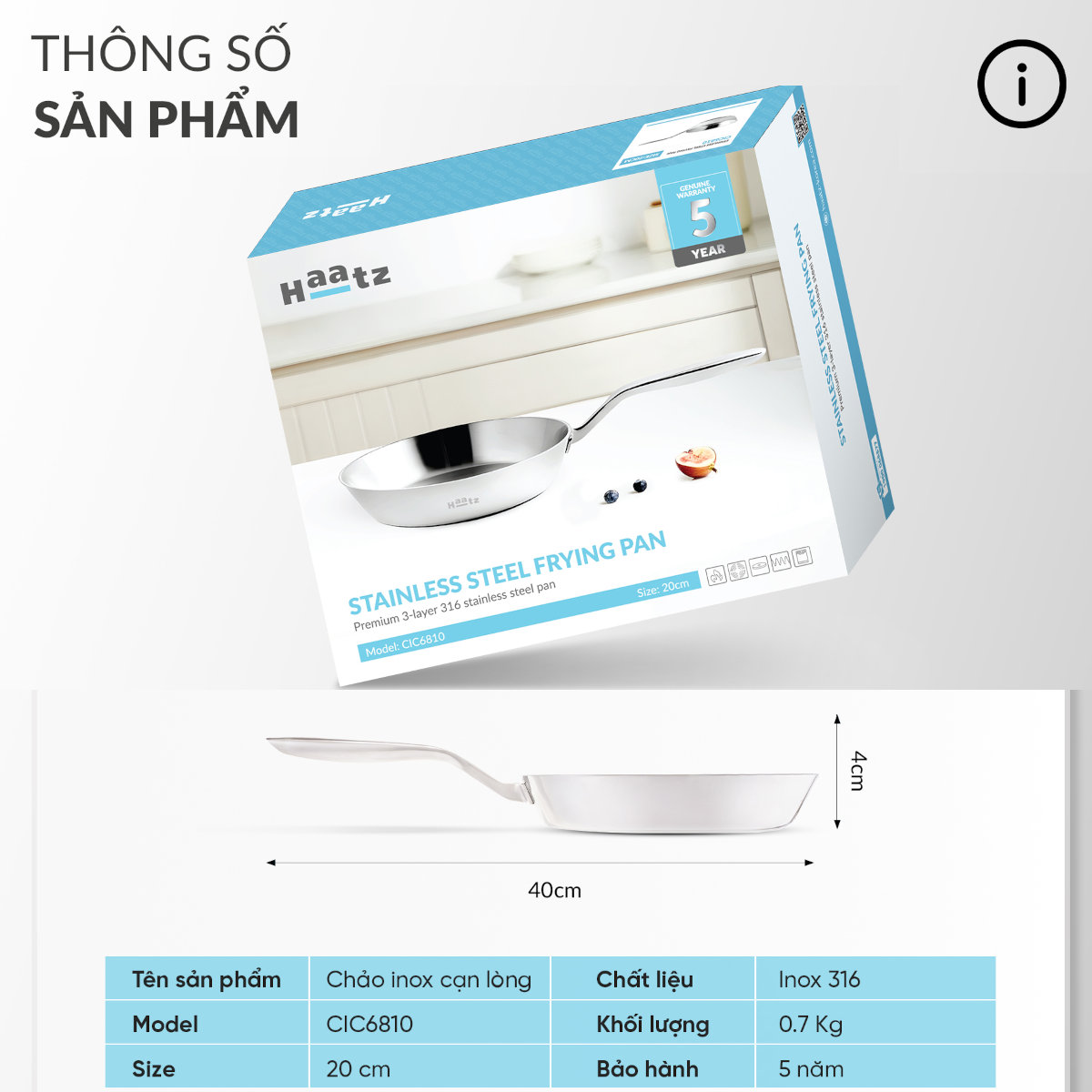 Chảo chiên rán inox 316 nguyên khối Hàn Quốc CIC68 size 20cm/24cm/26cm chống dịnh tự thân, đáy từ