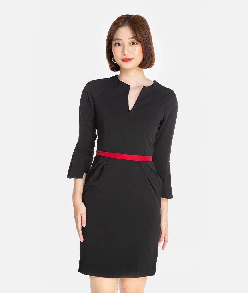 HNOSS Đầm cổ xẻ phối eo 80% Polyester 20% Coton CMS12101055