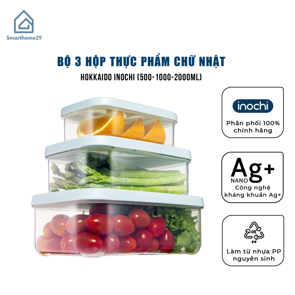 Bộ 3 Hộp Nhựa đựng Thực Phẩm Chữ Nhật Hokkaido Inochi 500 -1000 -2000 ML Chịu Nhiệt Giao Màu Ngẫu Nhiên