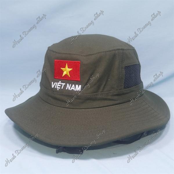 Nón tai bèo nón lính nam thêu Lá Cờ Việt Nam size đầu 60cm, có lỗ thông gió bên hông nón - Nâu nhạt